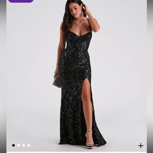 Windsor Elegant Black Sequin GownJillian Sequin Slit Long Formal Dress